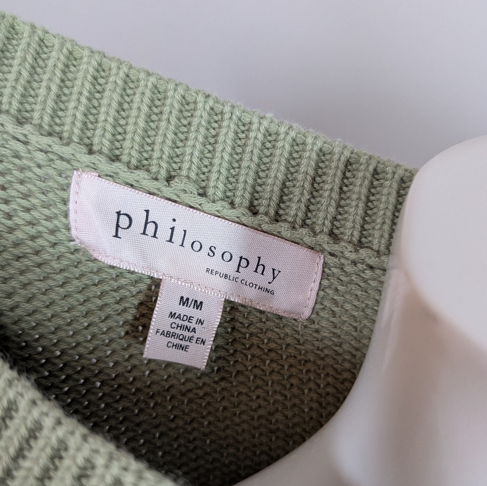 Philosophy Sage Green Knit Sweater – Oversized Crew Neck – Minimalist Pullover M - Picture 7 of 9